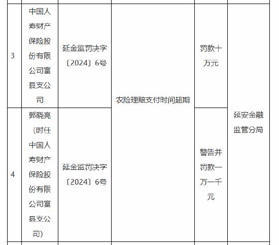 国寿财险富县支公司被罚10万元：因农险理赔支付时间超期