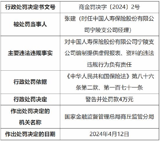 因编制提供虚假报表、资料 国寿寿险宁陵支公司被罚25万元