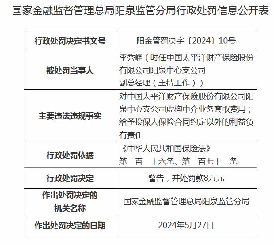 太平洋财险阳泉中心支公司被罚26万元：因虚构中介业务套取费用等