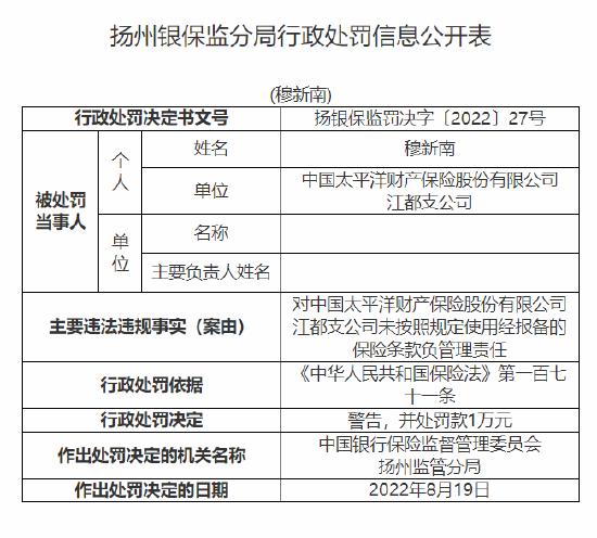 太平洋财险江都支公司被罚15万：未按照规定使用经报备的保险条款等