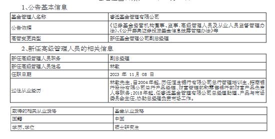 睿远基金新任林敏为副总经理 曾任职于招商银行总行零售银行部财富产品负责人