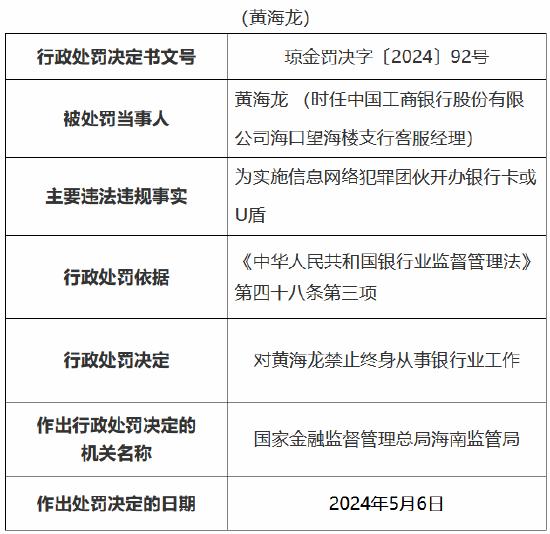 为实施信息网络犯罪团伙开办银行卡或U盾 工行海口望海楼支行一客服经理被终身禁业