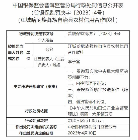 因存在贯彻落实党中央重大经济决策部署不力等问题，江城哈尼族彝族自治县农信社被罚130万元