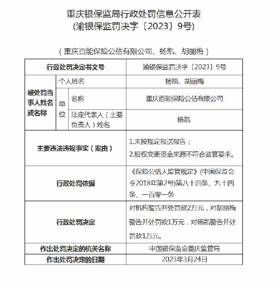 重庆百能保险公估接罚单：因未按规定报送报告等