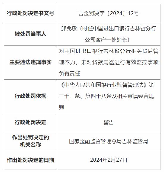 收大额罚单！流动资金贷款测算不审慎等 中国进出口银行吉林省分行被罚440万元