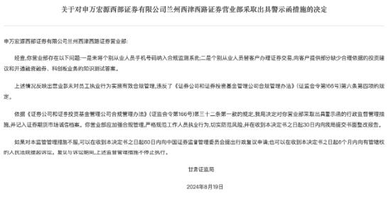 因存在多项合规管理问题 申万宏源西部证券兰州营业部及从业人员简明明被警示