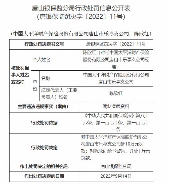 太平洋产险一支公司被罚10万：编制虚假资料