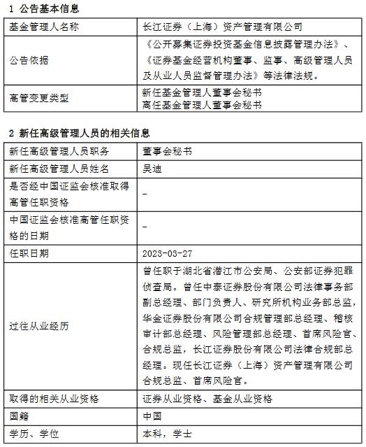 长江证券(上海)资管公司高管变更：周纯因工作调整离任 新任吴迪为董事会秘书 新任陆大明为财务负责人