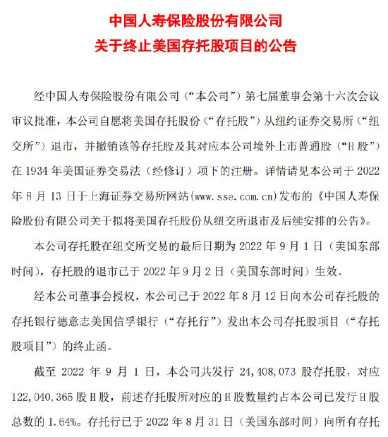 中国人寿：在纽交所存托股的退市已于美东时间9月2日生效
