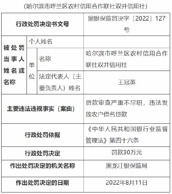 因贷款审查严重不尽职 哈尔滨市呼兰区农信社两家分社合计被罚65万元