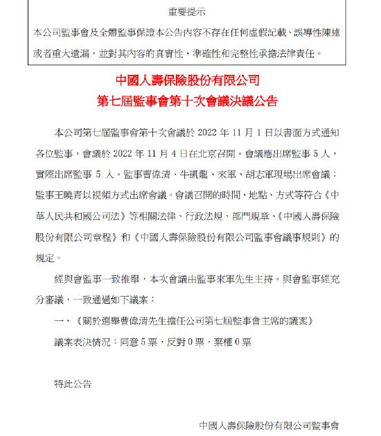 中国人寿：贾玉增辞任监事会主席，选举曹伟清担任监事会主席