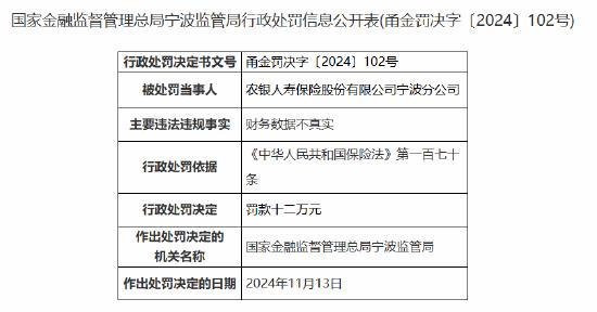 农银人寿宁波分公司因财务数据不真实被罚12万元