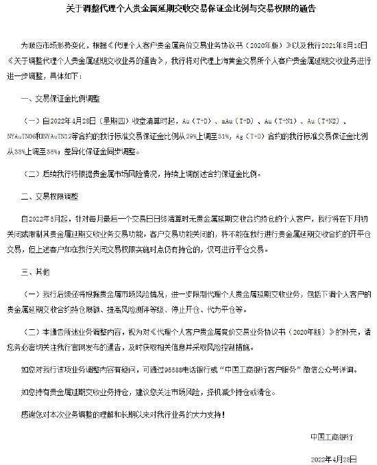 工行调整代理个人贵金属延期交收业务：涉及保证金比例、交易权限等