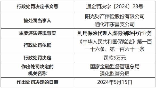 阳光产险通化市东昌支公司被罚5万元：利用保险代理人虚构保险中介业务