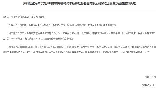 前海睿屹尚丰私募基金收到深圳证监局警示函：向他人出借账户、未履行谨慎勤勉义务