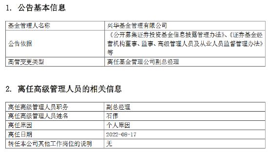 兴华基金副总经理石伟因个人原因离任