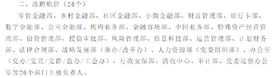辽宁省联社发布公告，公开选聘省级农商行总行26个部门主要负责人