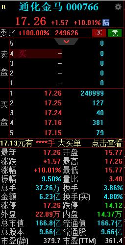 通化金马盘中涨停成交额超6亿元 新药琥珀八氢氨吖啶片已完成揭盲