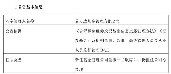 易方达高层微调：刘晓艳任联席董事长并仍担任公司总经理，吴欣荣新任执行总经理