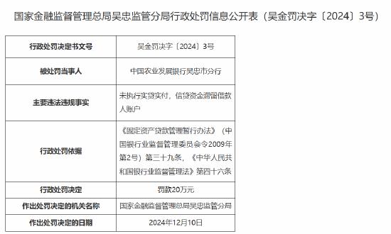 中国农业发展银行吴忠市分行被罚20万元：未执行实贷实付 信贷资金滞留借款人账户