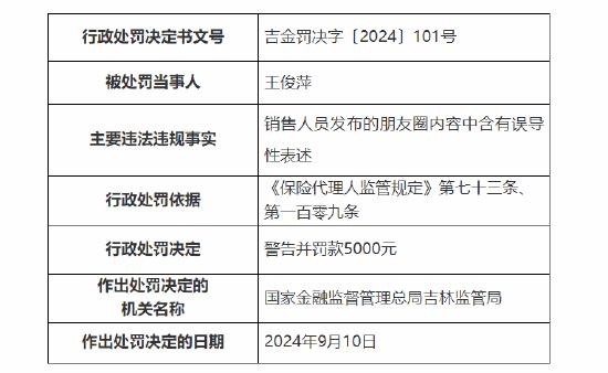 英大人寿吉林分公司被罚：因销售人员发布的朋友圈内容中含有误导性表述