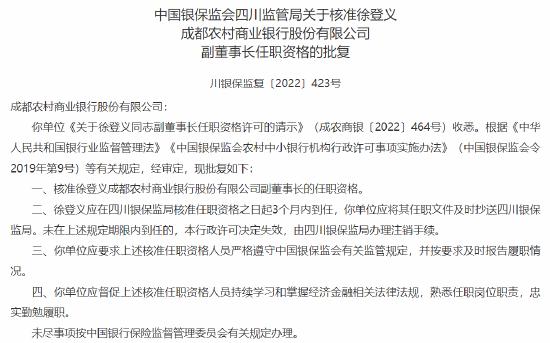 徐登义成都农商行副董事长、姜洪波成都农商行副行长任职资格均获批