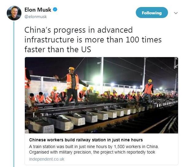 特斯拉CEO马斯克：中国基建速度比美国快100倍！