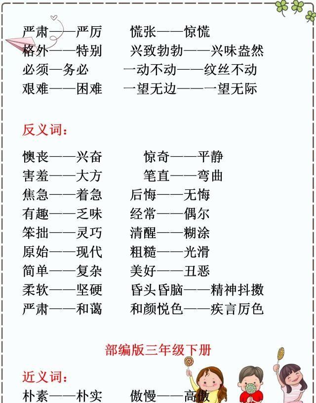 小学语文：部编版1~6年级下册近反义词汇总，期中、期末考必有！