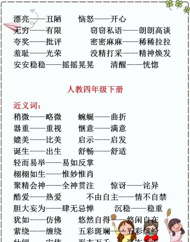 小学语文：部编版1~6年级下册近反义词汇总，期中、期末考必有！