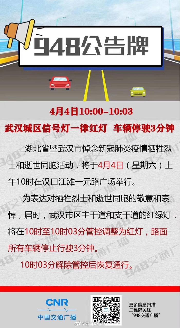 明天10:00-10:03 武汉城区信号灯一律红灯 车辆停驶3分钟