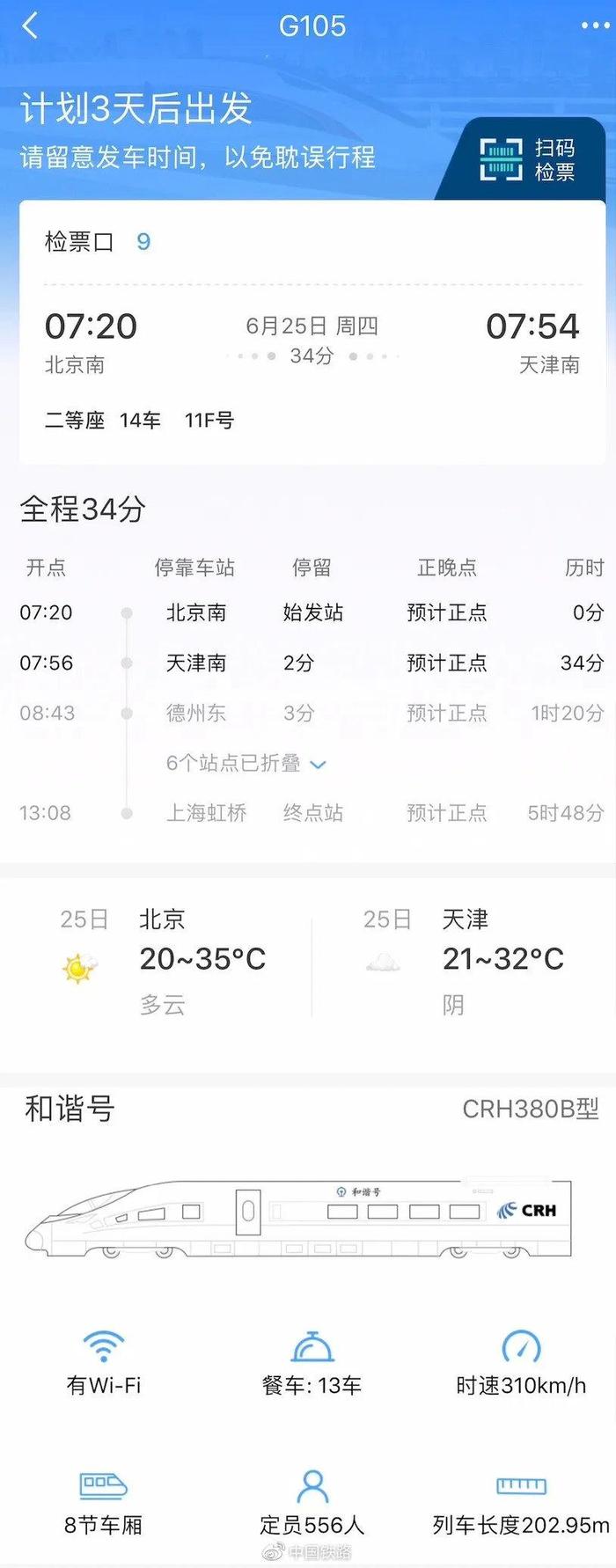 ▲点击个人行程,进入行程详情页,查看对应的经停站、车次信息、站点天气、以及推荐的到达站点周边相关酒店服务。