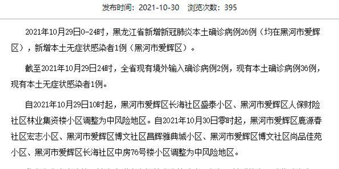 黑龙江新增本土确诊26例 均在黑河
 （黑龙江新增9例本土确诊 均在黑河）