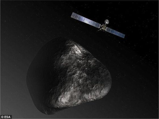 显示“罗塞塔”号位于彗星“67P/楚留莫夫-格拉希门克”附近的一张艺术概念图。这个探测器随机携带的仪器并没有勾勒出一颗被冰覆盖的明亮彗星的画面,而是发现,事实上从一些波长范围来看,67P比木炭还要黑。
