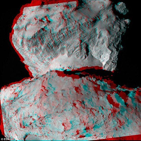 这张彗星67P 的3D图,借助配备红-绿/蓝滤光器的立体眼镜,就能看到立体效果。它是用上个月由“罗塞塔”号探测器在围绕这颗彗星运行期间拍摄的两张图片合成的。