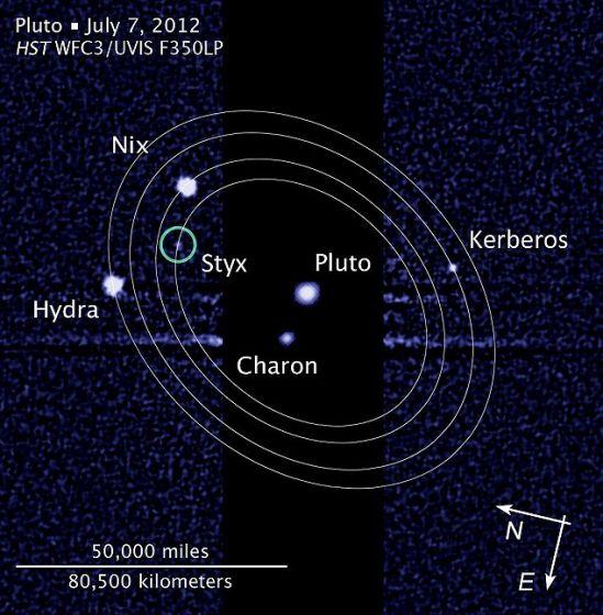 是2012年由哈勃空间望远镜拍摄的冥王星系统图像,可以看到冥王星和它目前已知的5颗卫星。其中冥卫五(Styx)是最新发现的一颗。新视野号此行的主要目标是冥王星和它最大的卫星卡戎,届时飞船对冥王星地表的成像分辨率将达到每像素40公里。