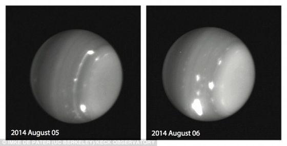 2014年8月5日和6日,凯克望远镜在夏威夷拍摄到的天王星上的巨型风暴。天文学家表示,这周观测到的明亮的风暴令他们“倍感吃惊”,尤其是一个被他们形容成是“骇人听闻”的风暴 2014年8月5日和6日,凯克望远镜在夏威夷拍摄到的天王星上的巨型风暴。天文学家表示,这周观测到的明亮的风暴令他们“倍感吃惊”,尤其是一个被他们形容成是“骇人听闻”的风暴