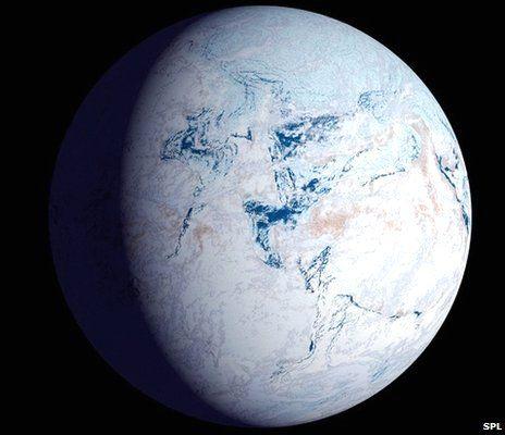 假想图:冰雪覆盖的地球。最新研究表明,在小片的开放海洋水体中,仍然存活着一些基本的微生物。 假想图:冰雪覆盖的地球。最新研究表明,在小片的开放海洋水体中,仍然存活着一些基本的微生物。发现于南澳大利亚弗林德斯山脉的证据。
