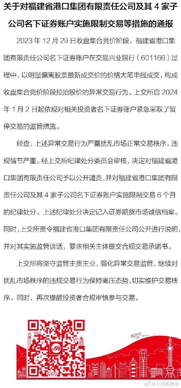 上交所发布关于对福建省港口集团有限责任公司及其4家子公司名下证券账户实施限制交易等措施的通报