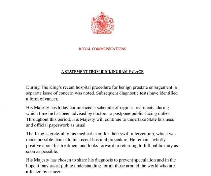 英国国王被确诊患有癌症