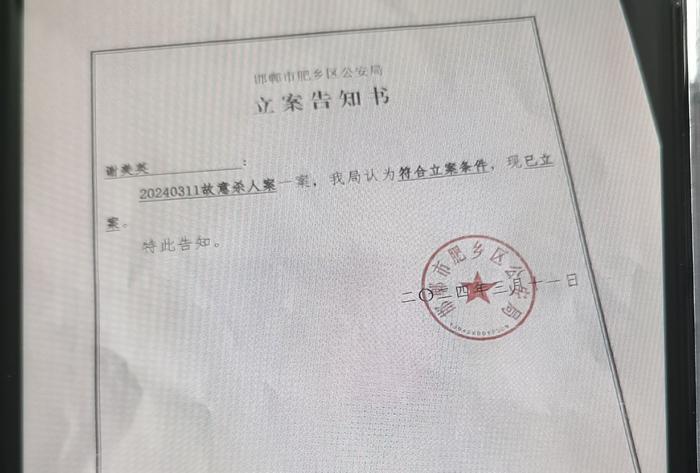 王子耀家属收到的立案告知书。 新京报记者 李英强 摄