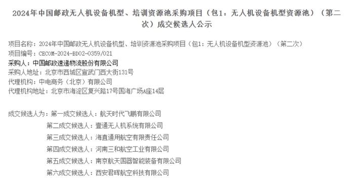 航天飞鹏被列为中国邮政无人机采购资源池内第一成交候选人