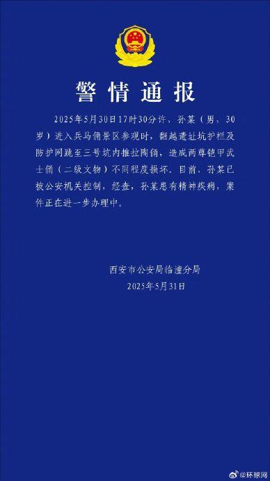 警方通报男子参观兵马俑时跳至坑内