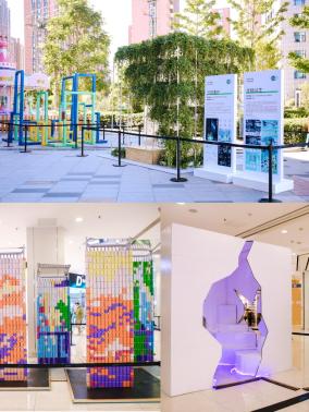 《中新可持续绿色城市展》装置作品:《定格·共生》《万物循环》(上);《REVERSE反转》(下左);《裂缝——伤痕》(下右);