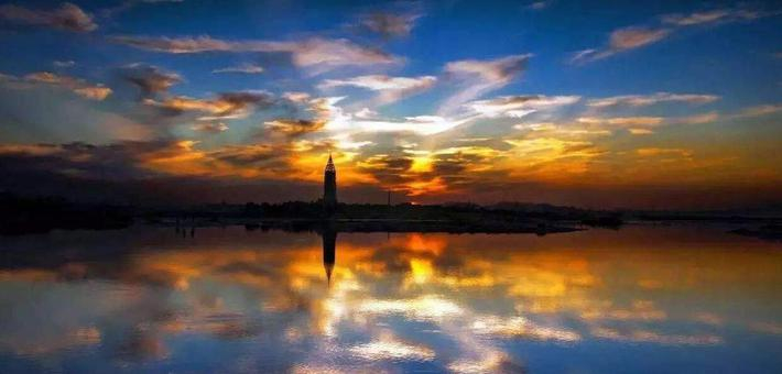 初秋航拍滹沱河 晚霞壮美