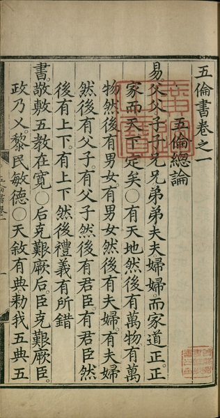明宣宗撰《五伦书》,明正统年间内府刻本。该书系明宣宗朱瞻基“采辑经传百家嘉言善行之有关于君臣、父子、兄弟、夫妇、朋友之道者,类分为六十二卷,命曰《五伦书》。”