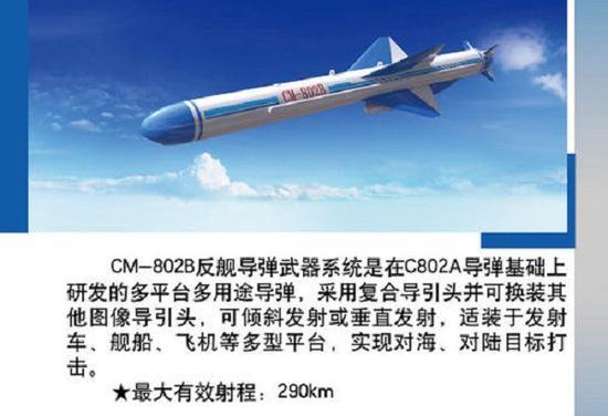 国产CM-802B反舰导弹,最大射程290公里,采用复合导引头