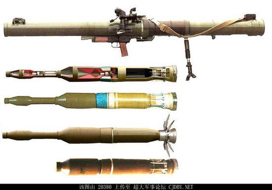 RPG-29与它的两种弹药,上为破甲弹,下为云爆弹