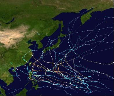 2015年太平洋台风季台风路径图,黄岩岛可谓是南路台风的必经之地