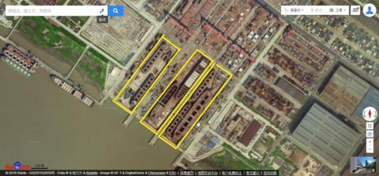 原熔盛重工闲置的3座巨型干船坞(黄色框内区域),其长均超过500米、宽均超过100米