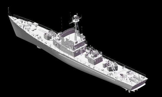 图片:037型猎潜艇照片和3D建模,可见量产版前后是两座双57毫米舰炮,副炮是舰桥前后的两座双25毫米舰炮,火力非常凶猛。